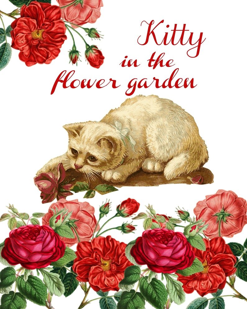kitty in the flower garden, wall decor, wall art, printable art, cat wall  art, gift for cat lover, kitten, gold frame, printable wall art
