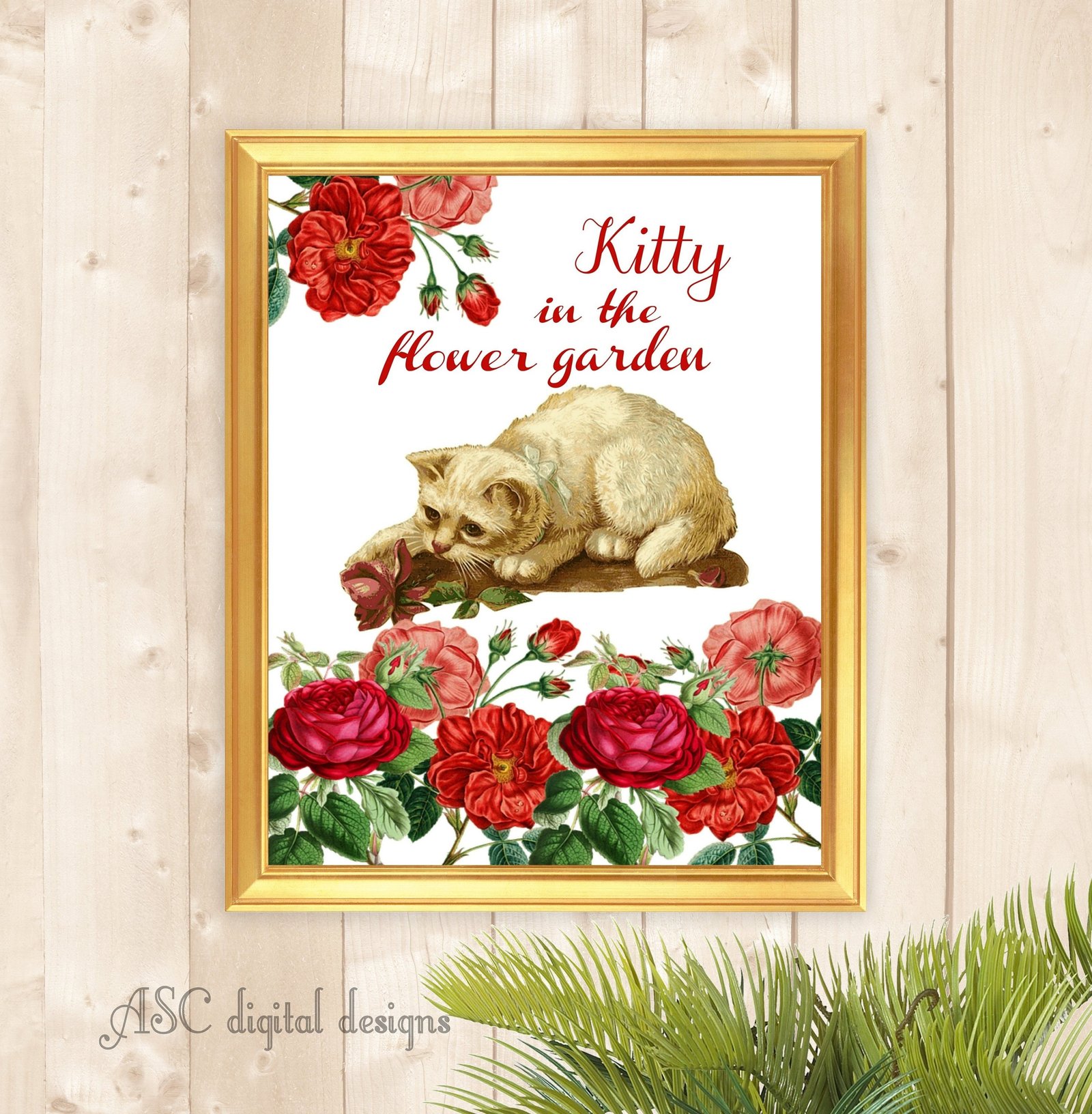 kitty in the flower garden, wall decor, wall art, printable art, cat wall  art, gift for cat lover, kitten, gold frame, printable wall art