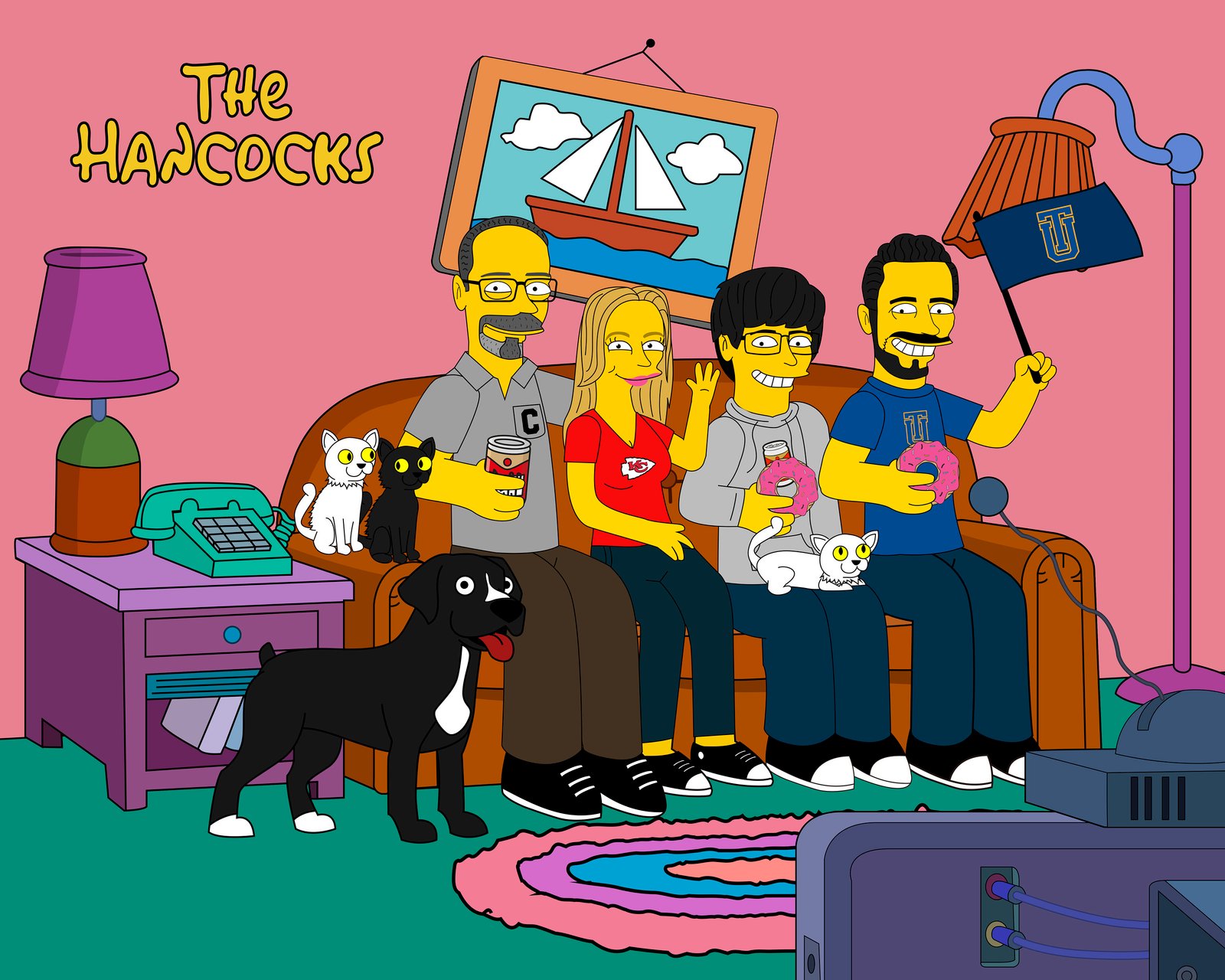 6 simpson characters on the couch, portrait, yellow character portrait,  gift for him, gift for boyfriend, cartoon portrait, couple portrait