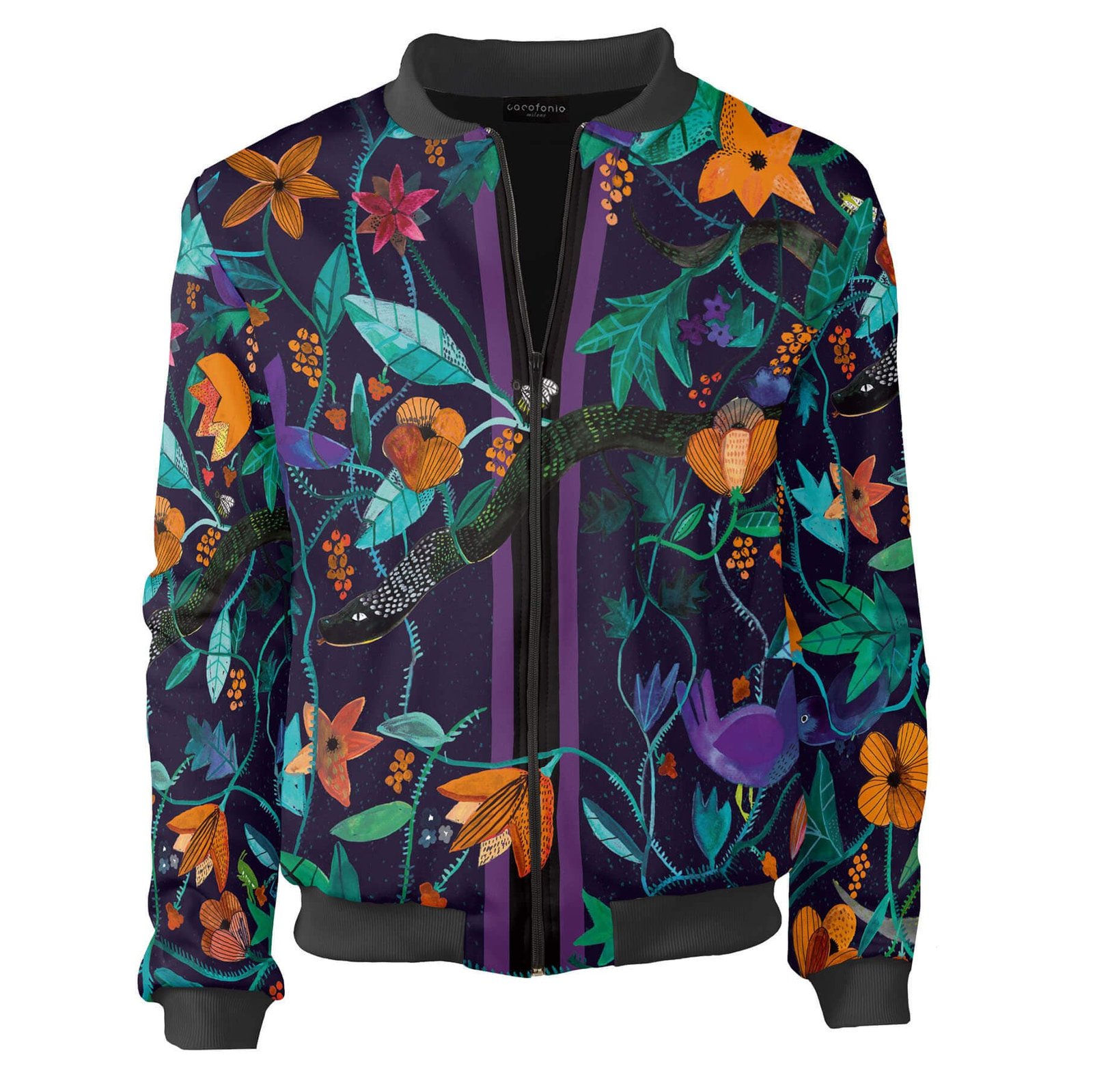 bomber jacket women men vintage black flower garden of eden hippie unique  designer zip front autumn black rave leaves festival made in italy