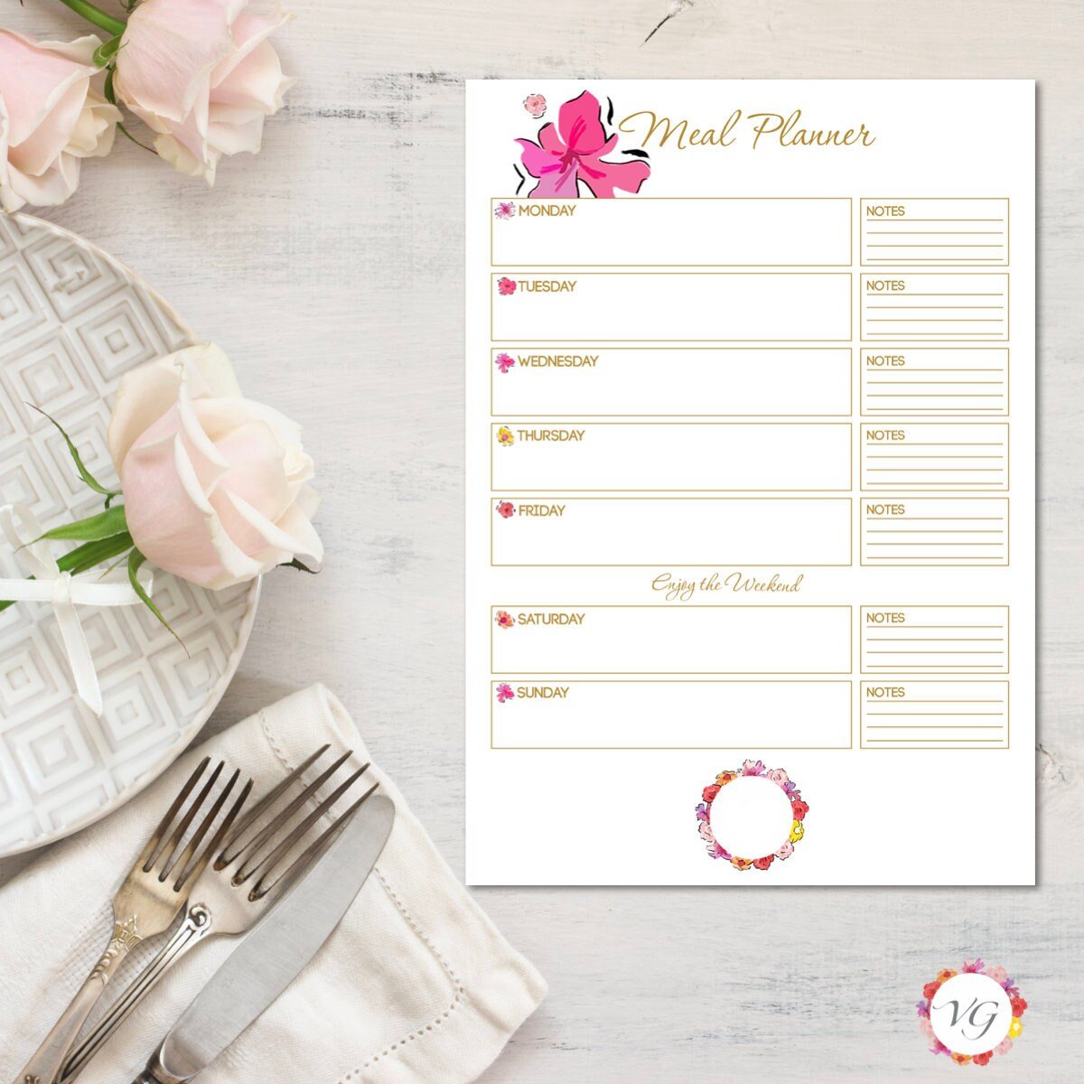 meal planner gold - flower todo list - food list - food planner - menu  planner | instant download!