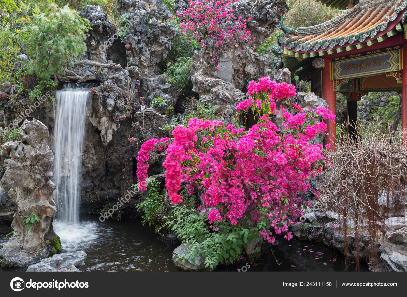 pavilion waterfall oriental garden hong kong china – stock