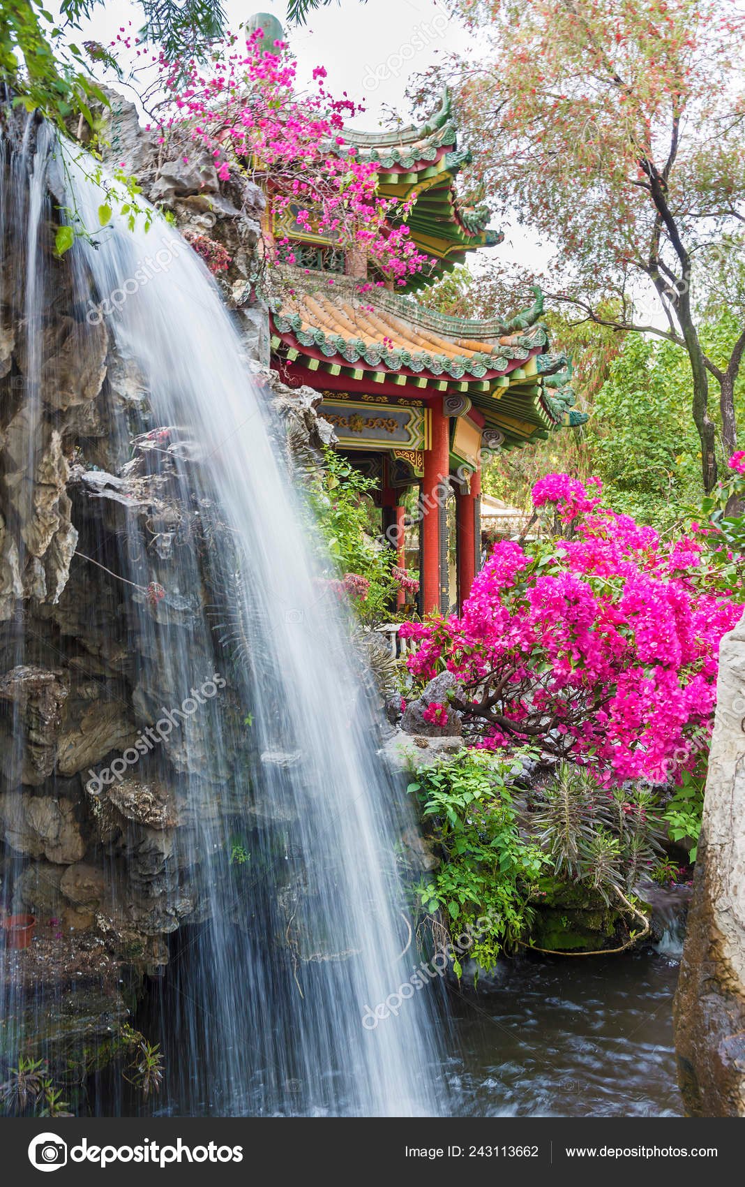 pavilion waterfall oriental garden hong kong china – stock
