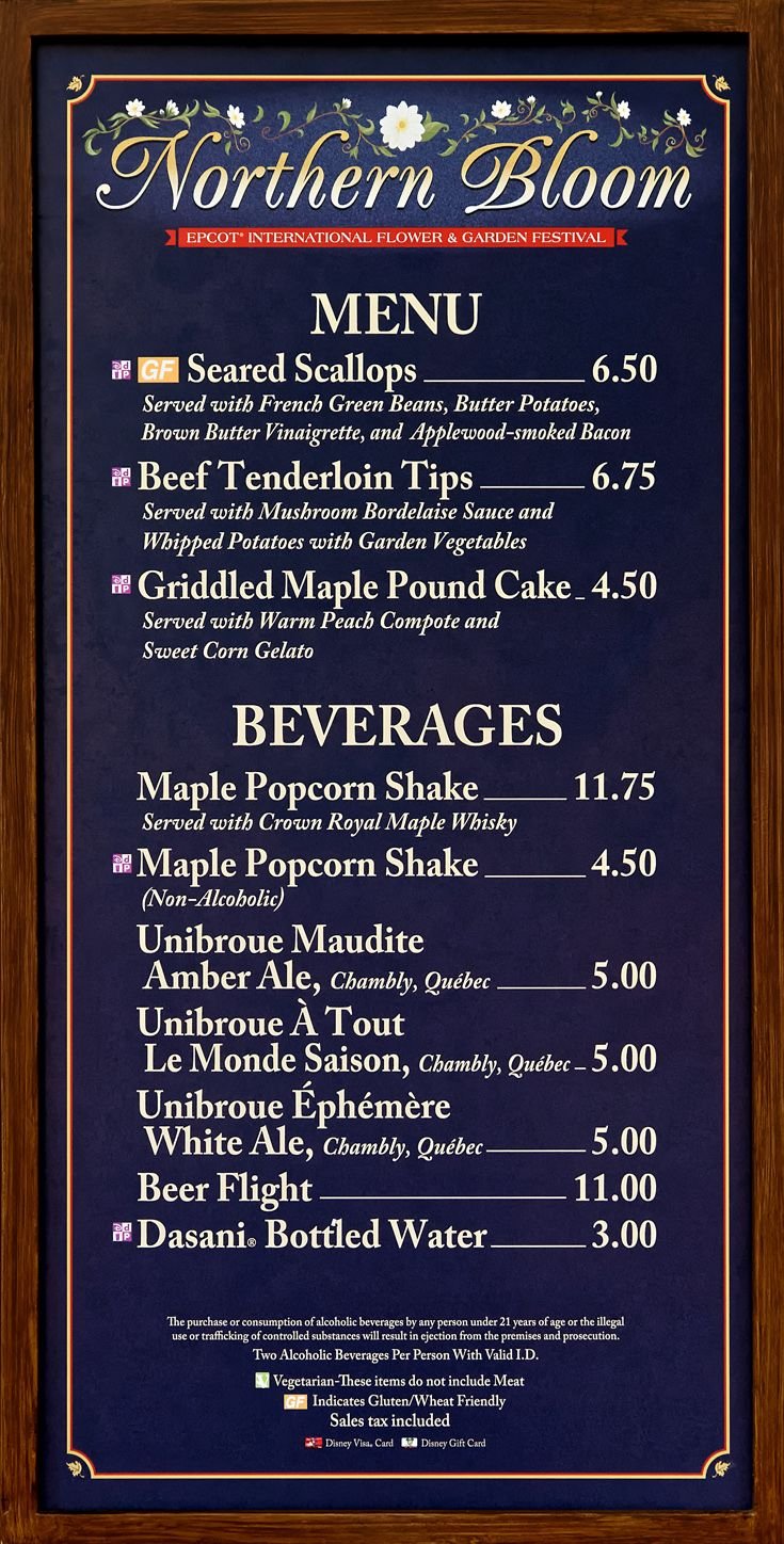2018 - northern bloom - epcot flower and garden festival menu board