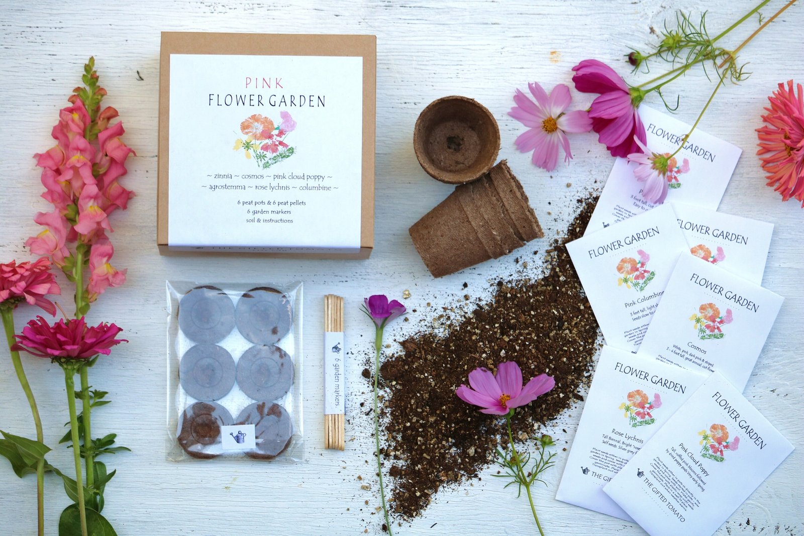 garden growing kit with pink annual flower seeds, garden diy kit, cut  flower seed gift for mom, gift for grandma, hostess gift, chef gift