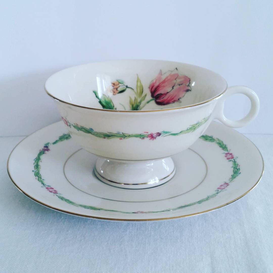 theodore haviland new york "garden flower" footed tea cup & saucer set made  in america