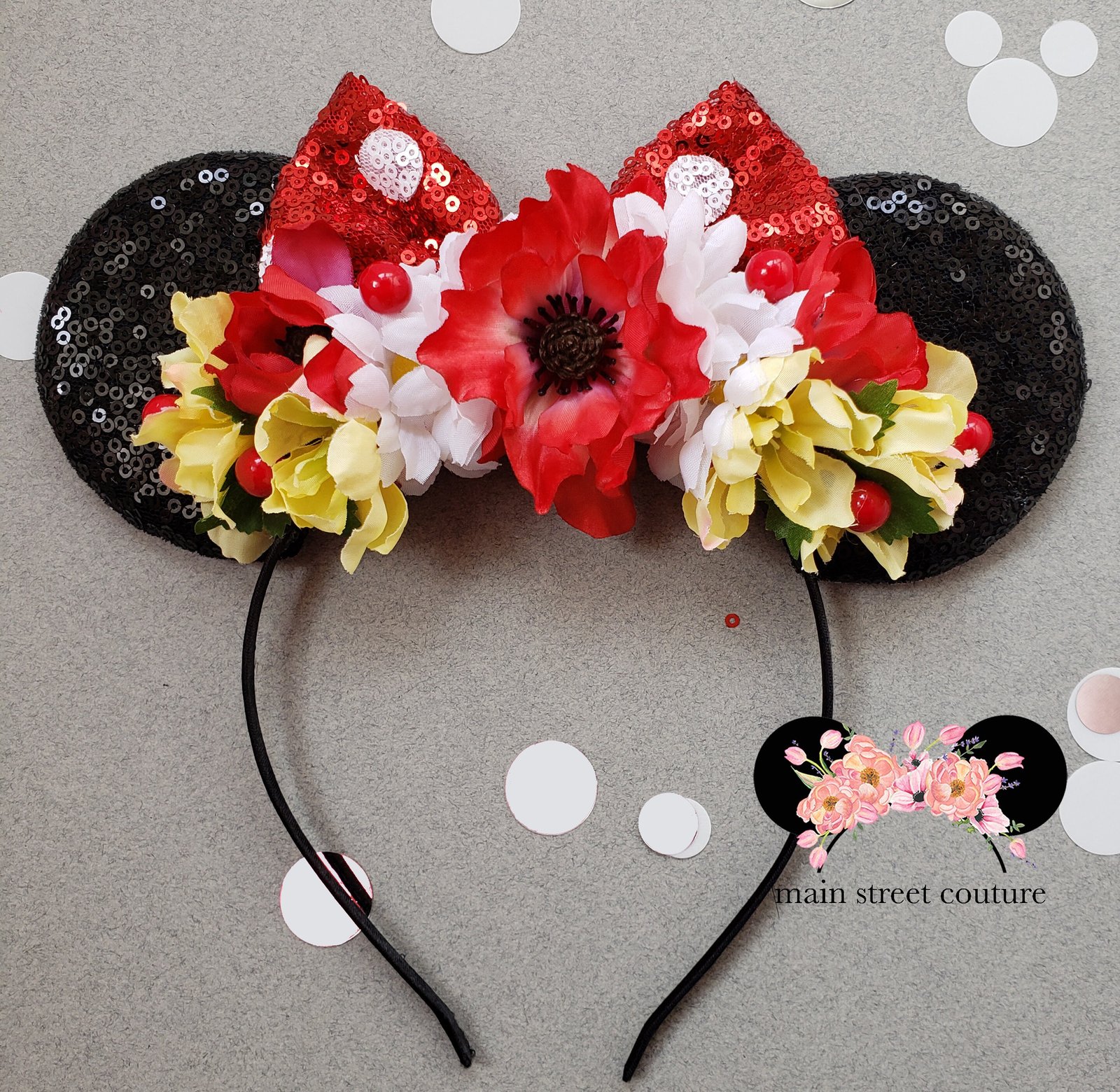flower and garden festival ears, red minnie ears, floral minnie ears,  iridescent minnie ears, minnie mouse ears, minnie mouse headband,
