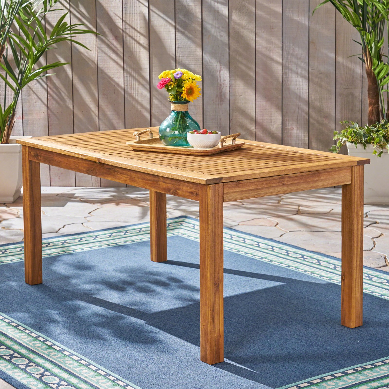eric outdoor expandable acacia wood dining table, natural finish