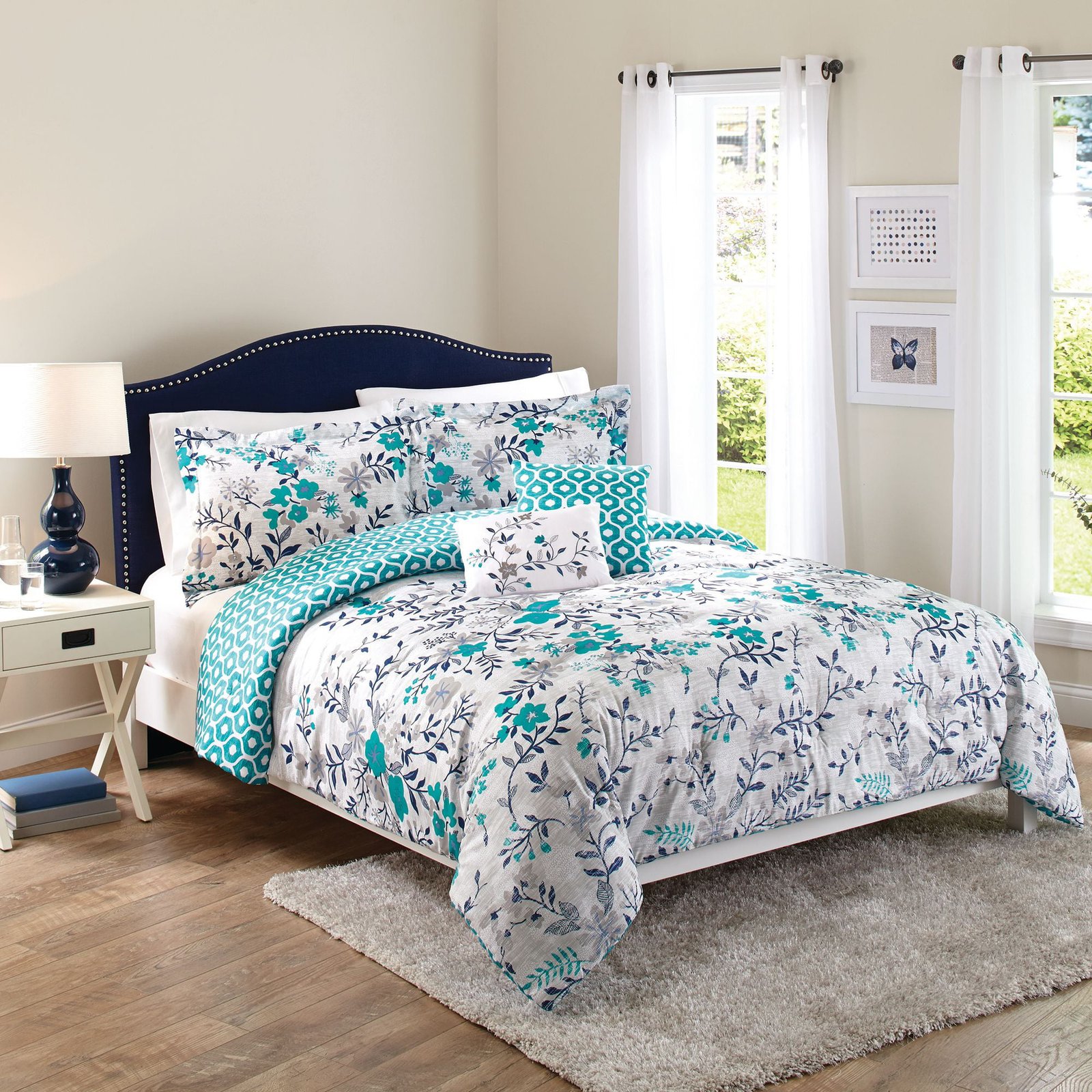 better homes & gardens full or queen teal flowers comforter set, 5 piece