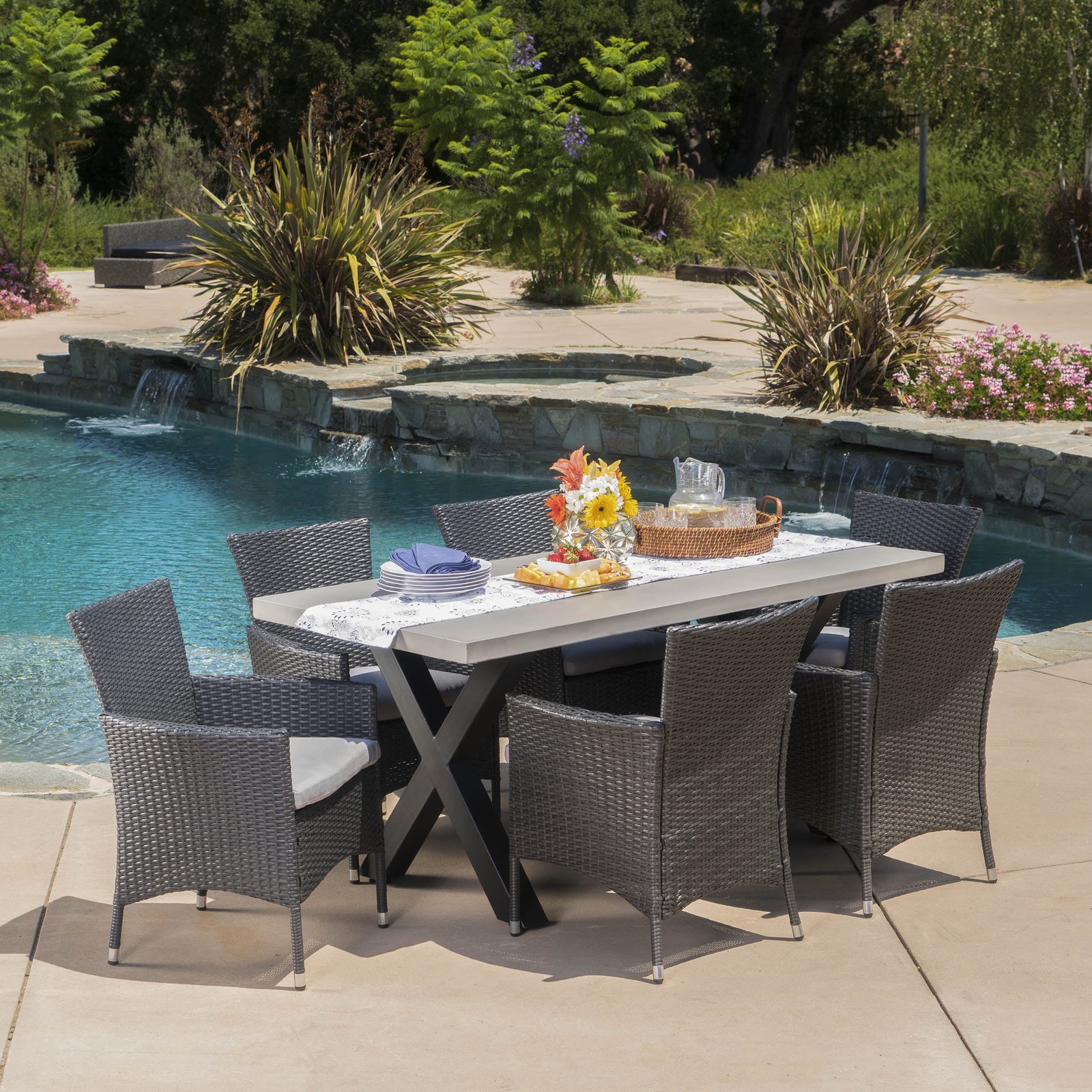 shiloh outdoor 7 piece dining set with concrete rectangular table and