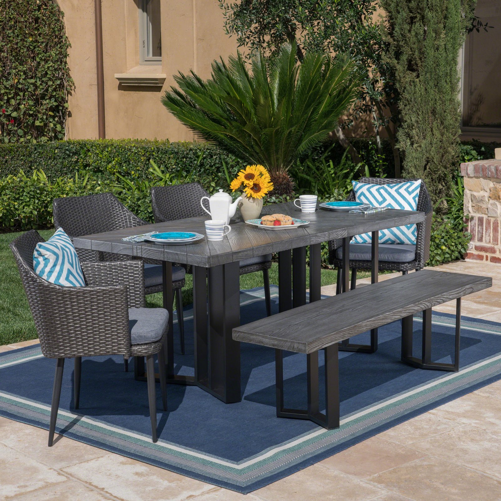 tammy outdoor 6 piece black wicker dining set with textured grey oak