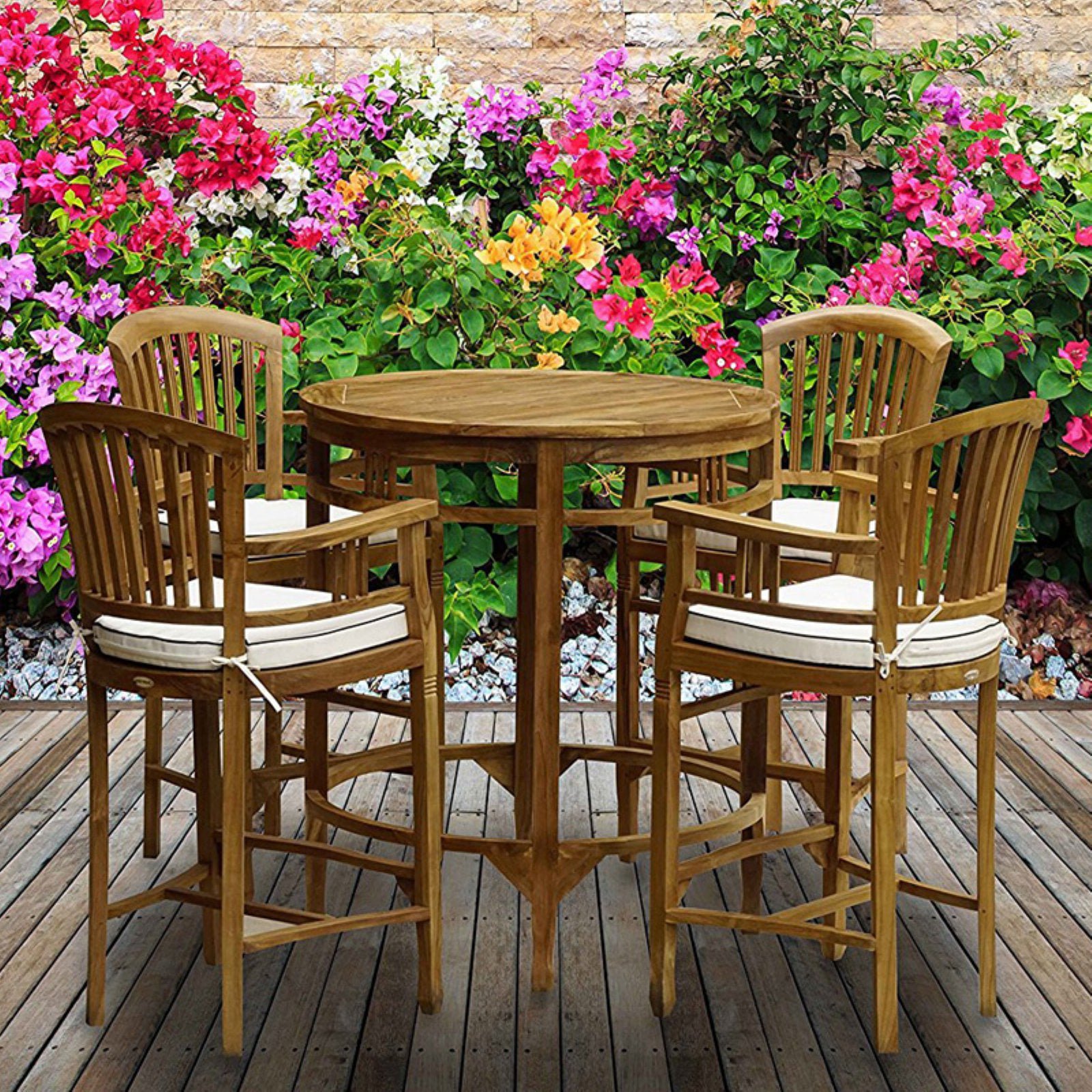 chic teak orleans round teak 5 piece bar height patio dining set