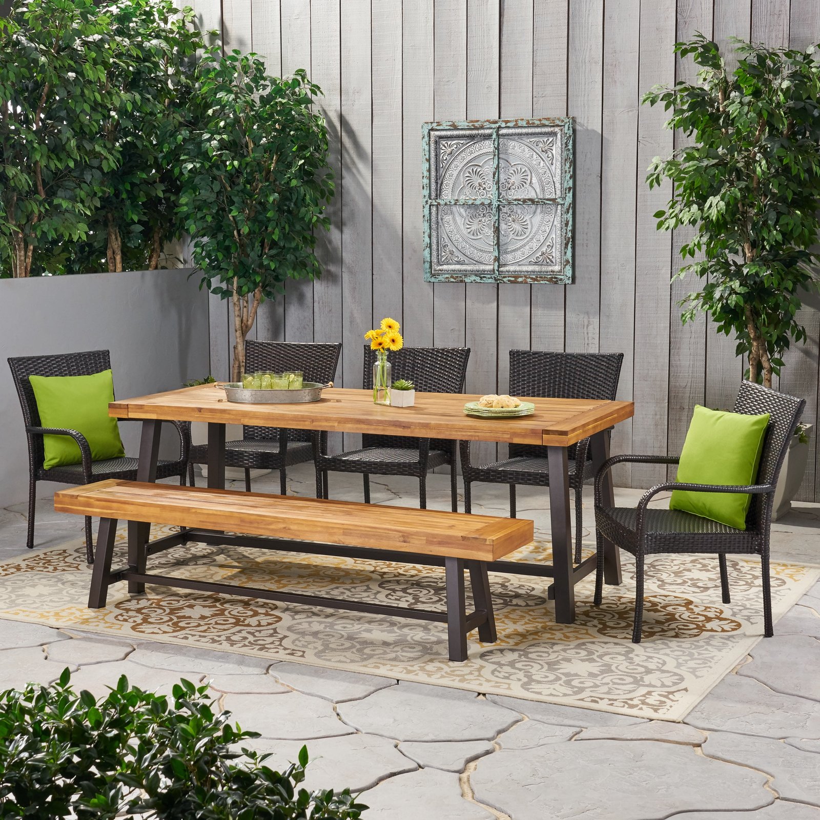 logan outdoor rustic acacia wood 8 seater dining set with dining bench