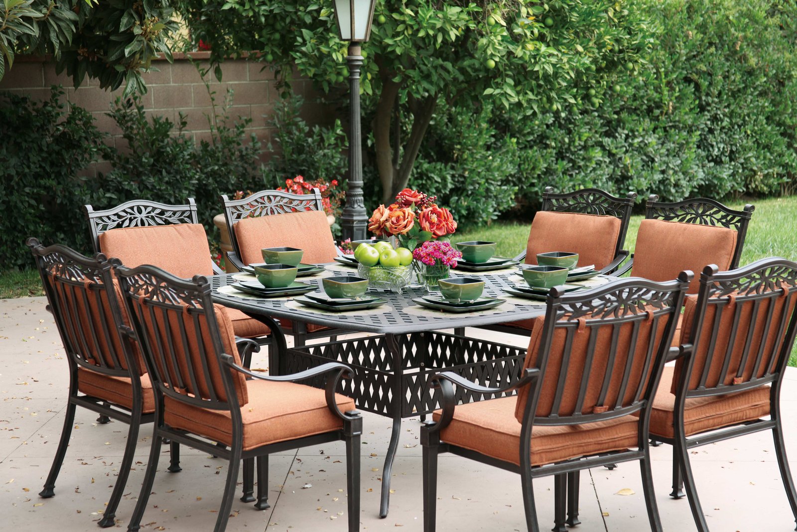 patio furniture dining set cast aluminum 64" square table 9pc charleston