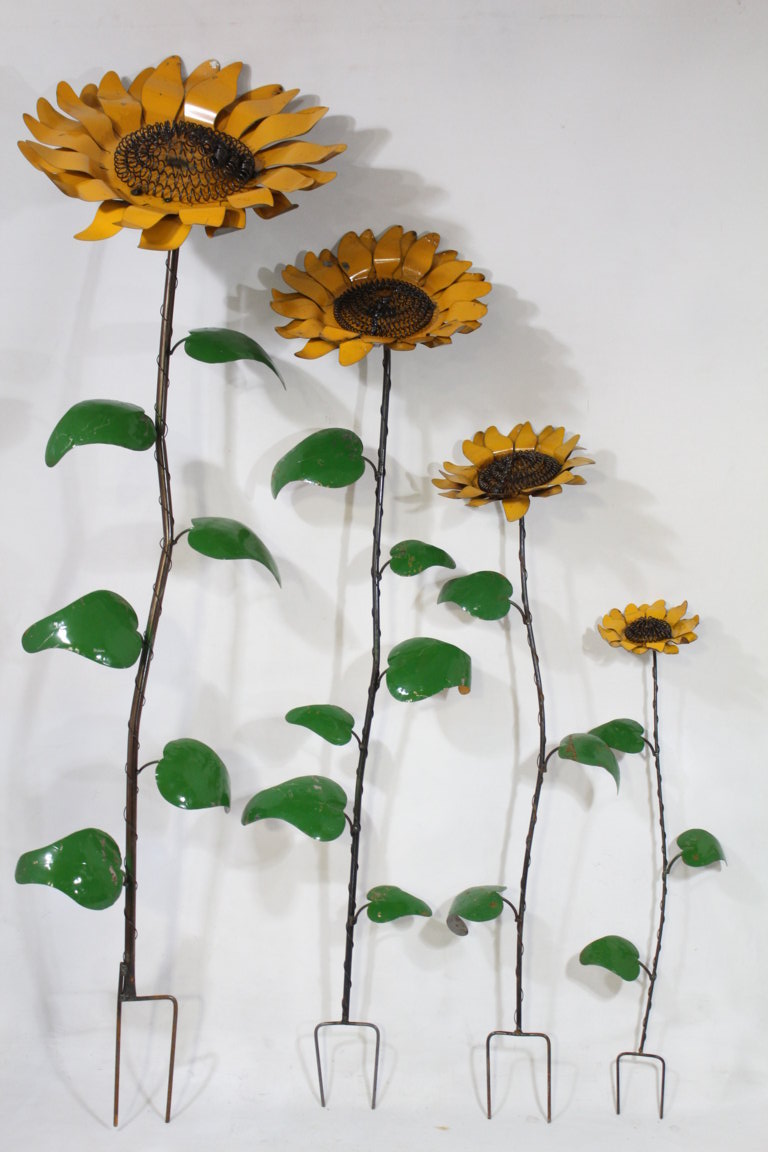 recycled metal sunflowers stakes - 4 sizes of garden stakes