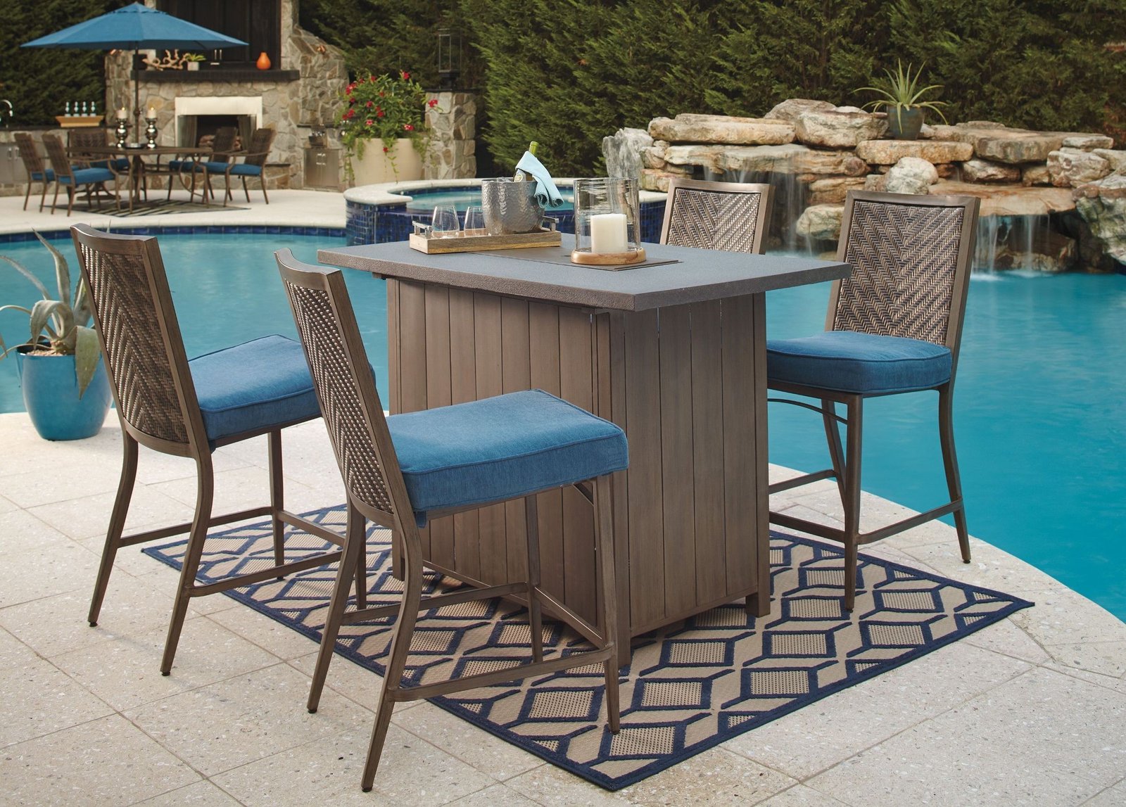 partanna blue and beige outdoor bar table from ashley | coleman furniture