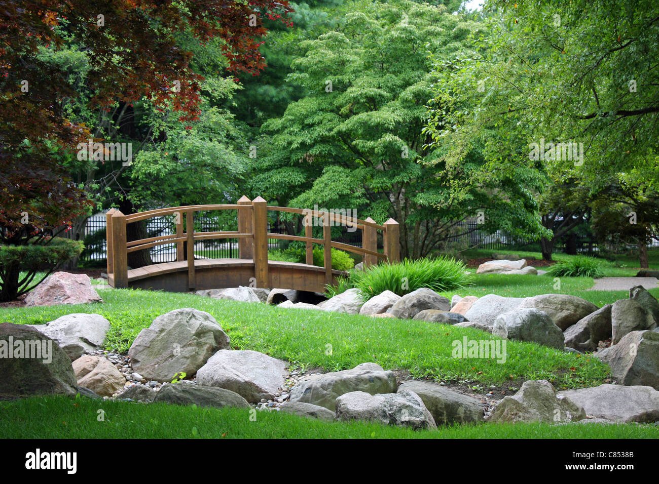a bridge in a serene japanese garden setting stock photo: 39450331