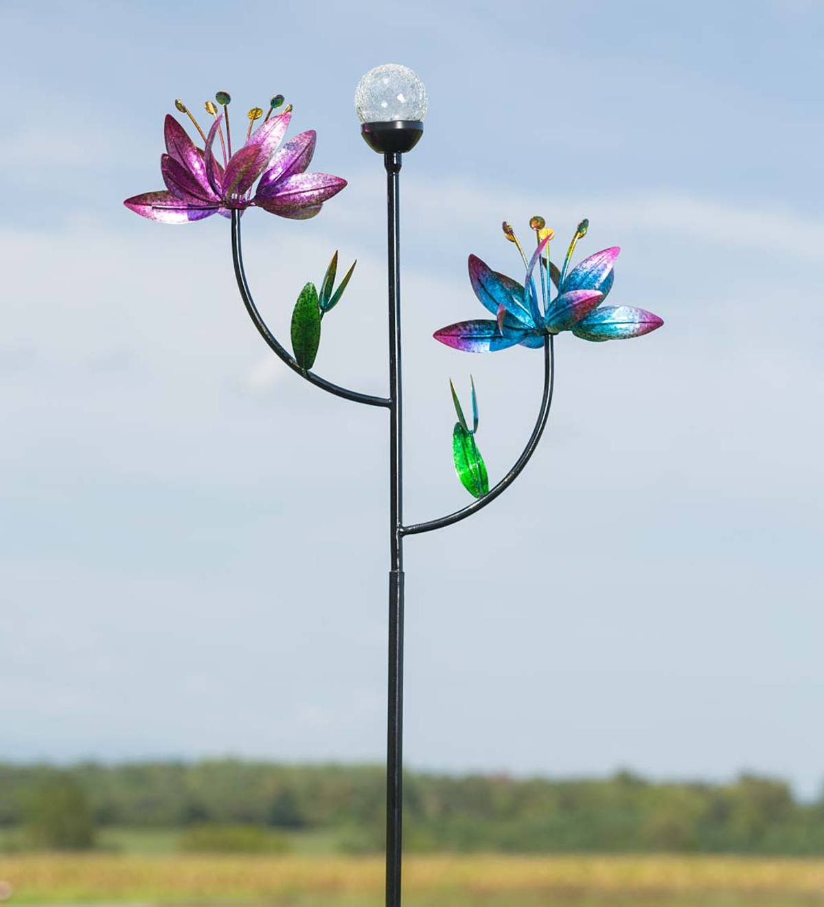 double flower wind spinner with solar ball | plowhearth
