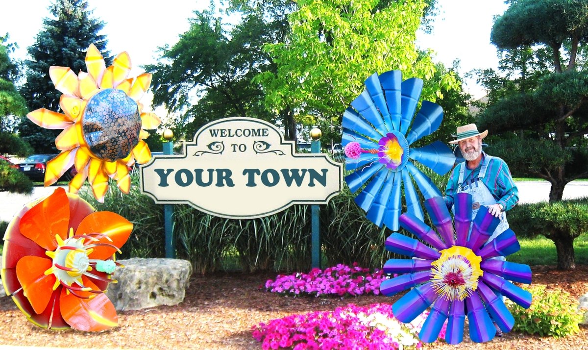 sculpture : "giant metal flowers" (original art by richard arfsten)