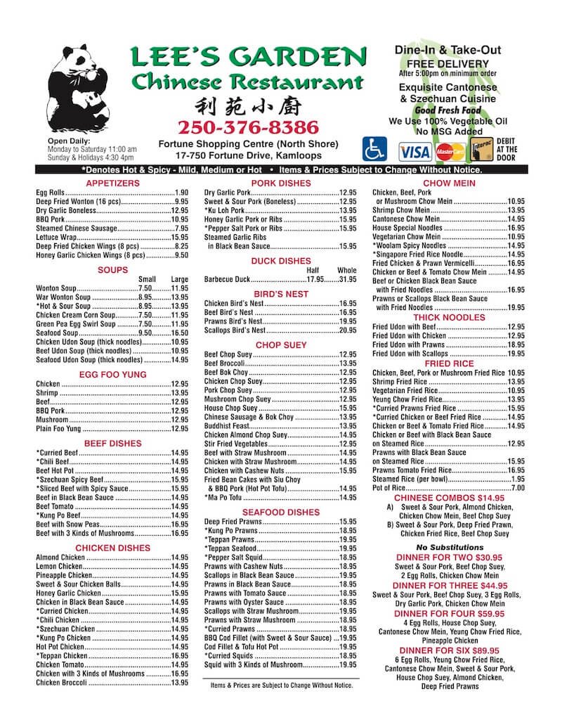 lee's garden kamloops – foodmenus – restaurant menus in bc