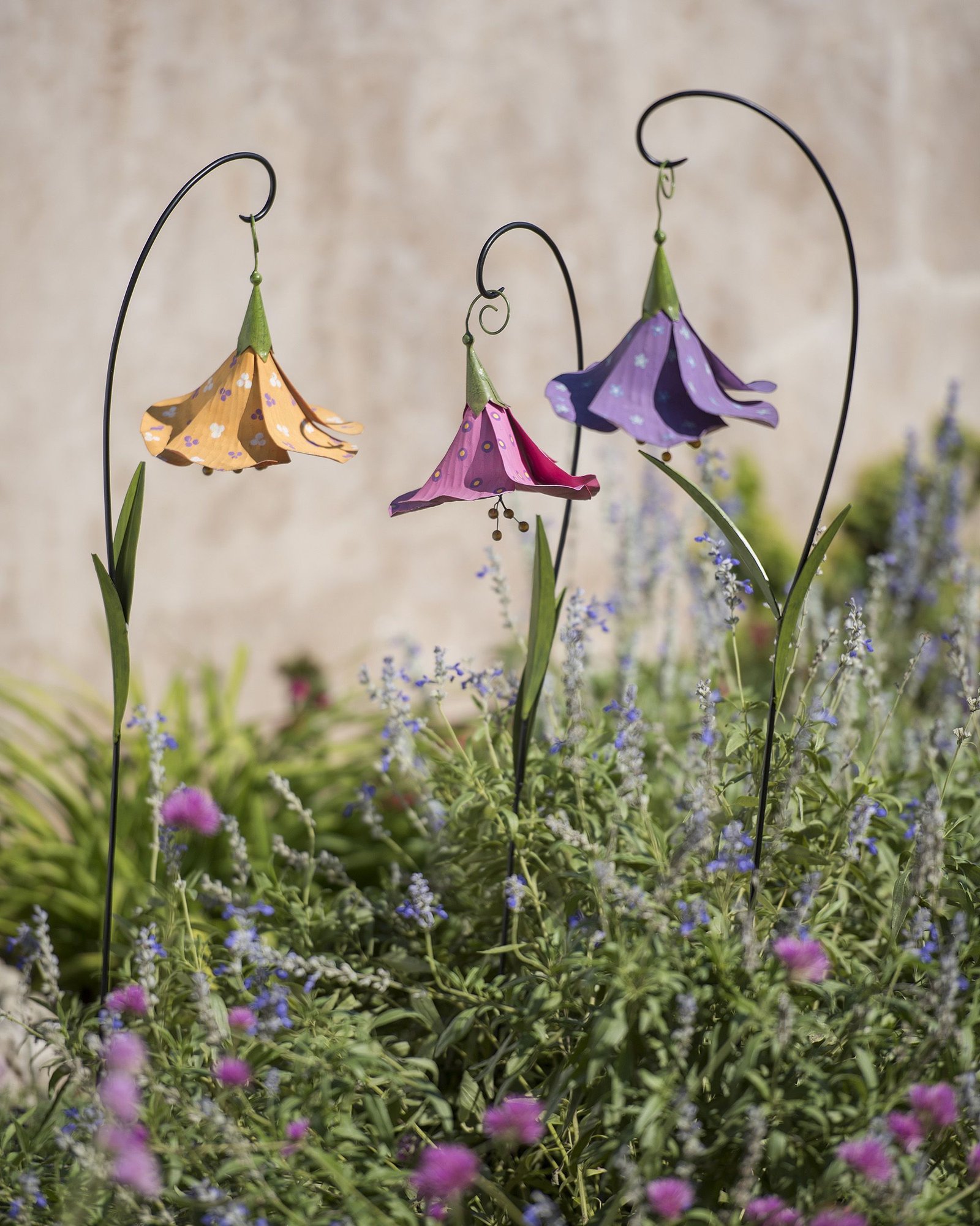 metal flowers: trumpet flower decorative garden stakes set of 3