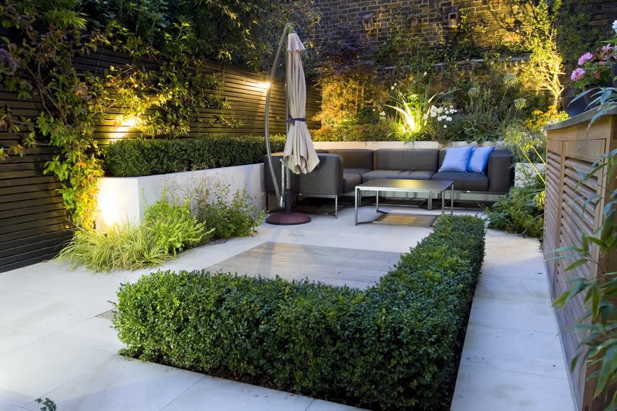 architecture, small urban garden outdoor and garden lighting: modern