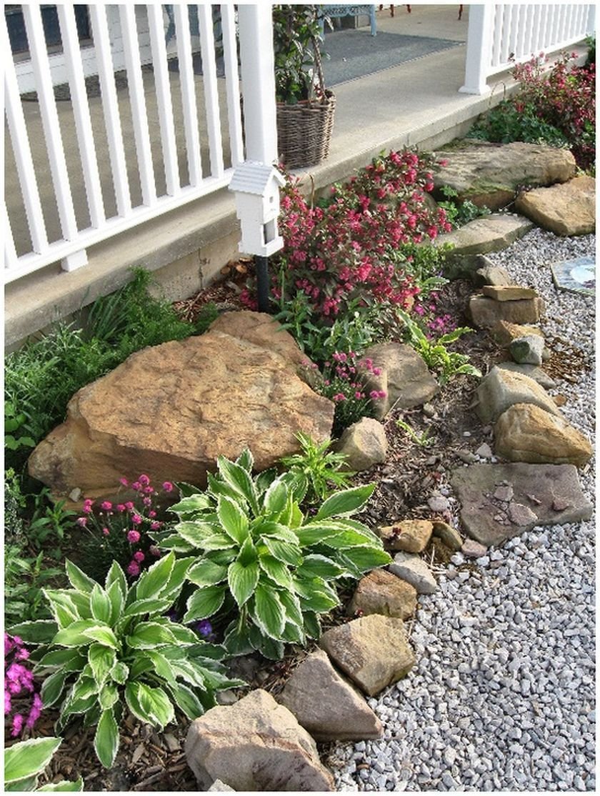 rustic flower beds with rocks in front of house ideas 3 | outdoor