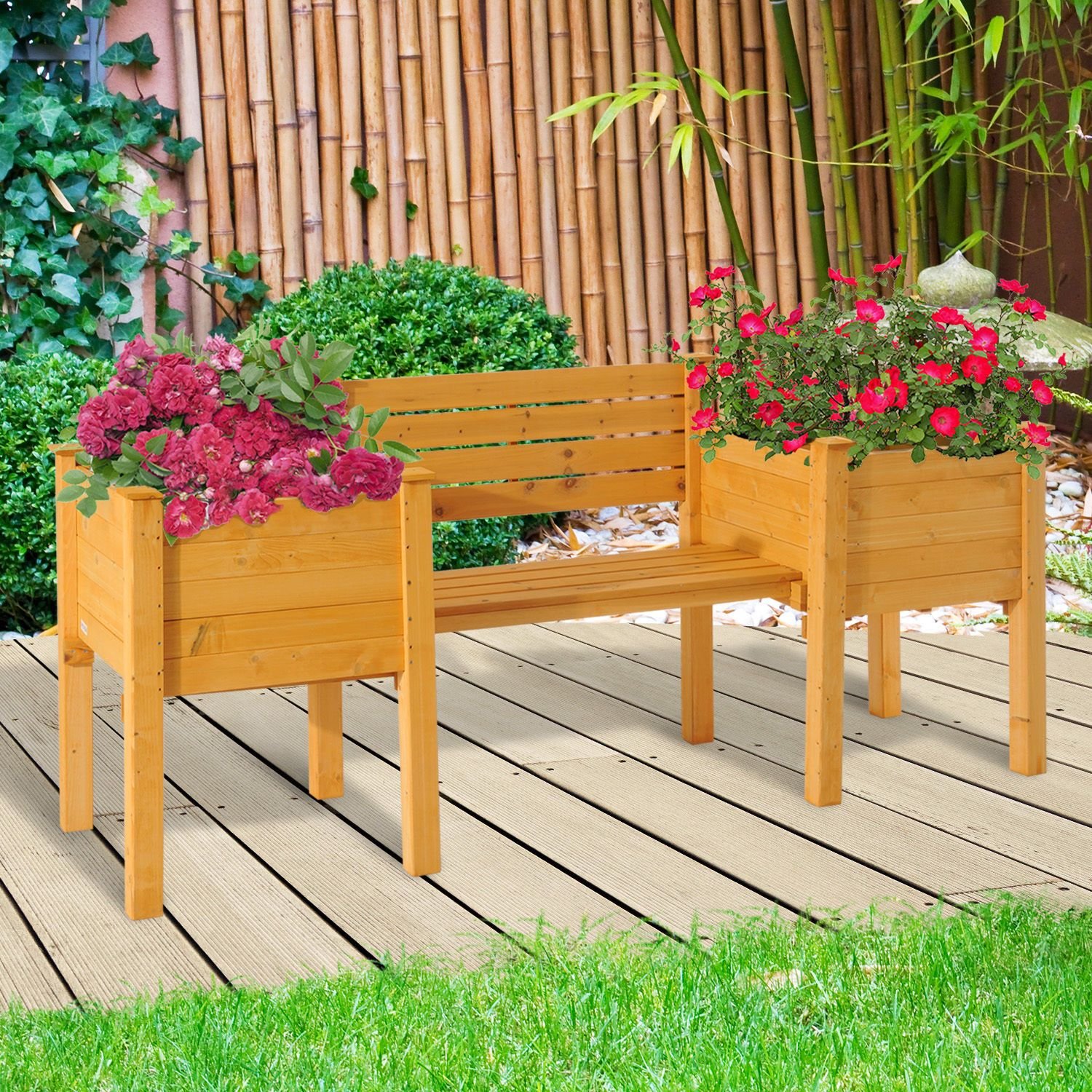 outsunny wooden garden bench w/ flower bed planter patio outdoor