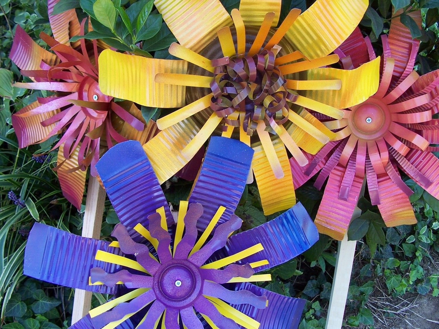 metal outdoor garden art decorations upcycled can flowers with post