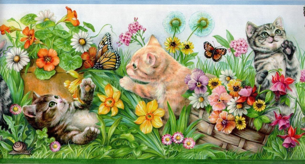 $14.39 - kitty cats kittens playmates flower garden butterfly blue