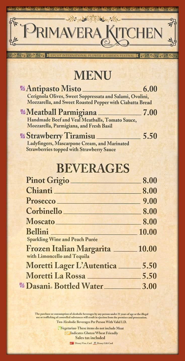 epcot flower and garden 2017 menu board and prices for the primavera