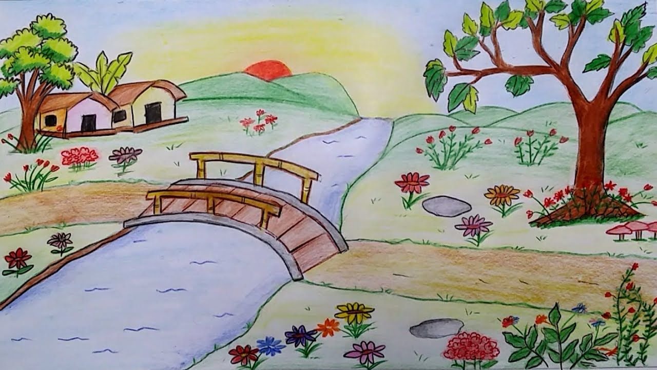 how to draw scenery of a flower garden step by step - youtube