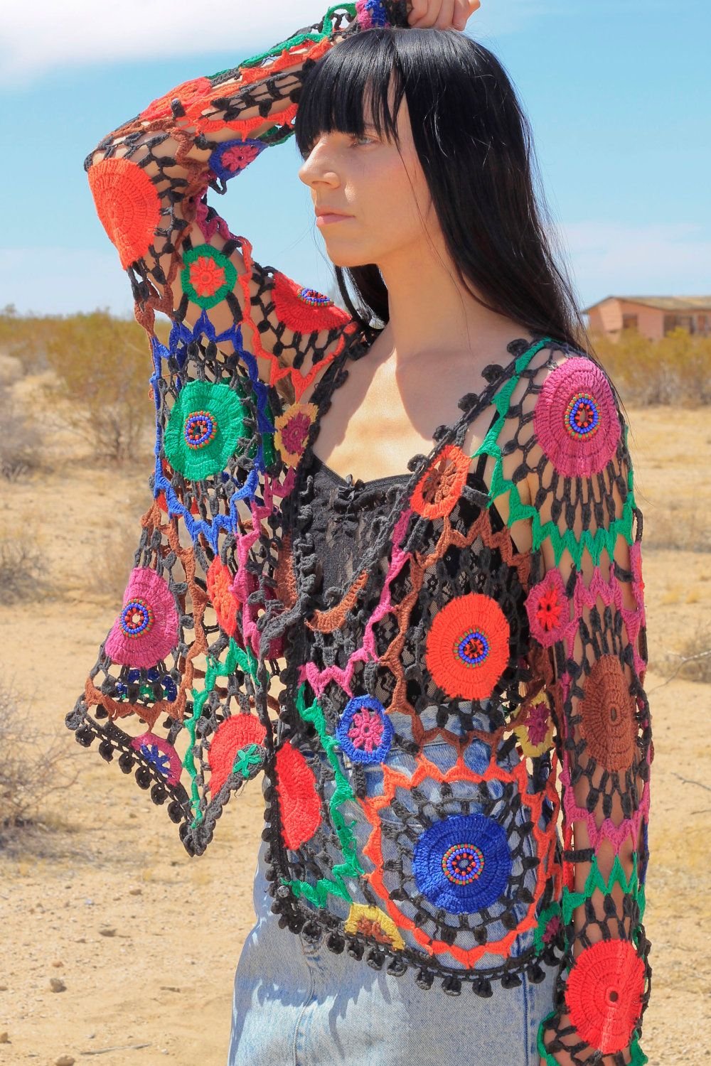 90s rainbow boho crocheted cardigan | crochet clothing | crochet