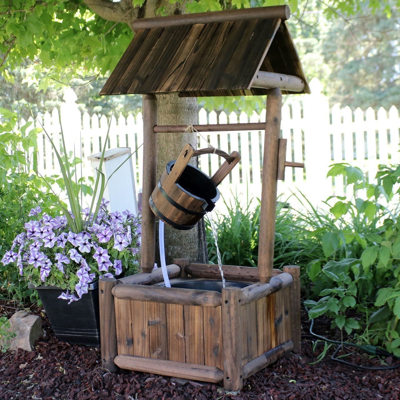 sunnydaze rustic wood wishing well outdoor fountain with