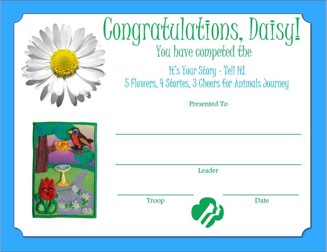 daisy 5 flowers, 4 stories, 3 cheers for animals journey certificate