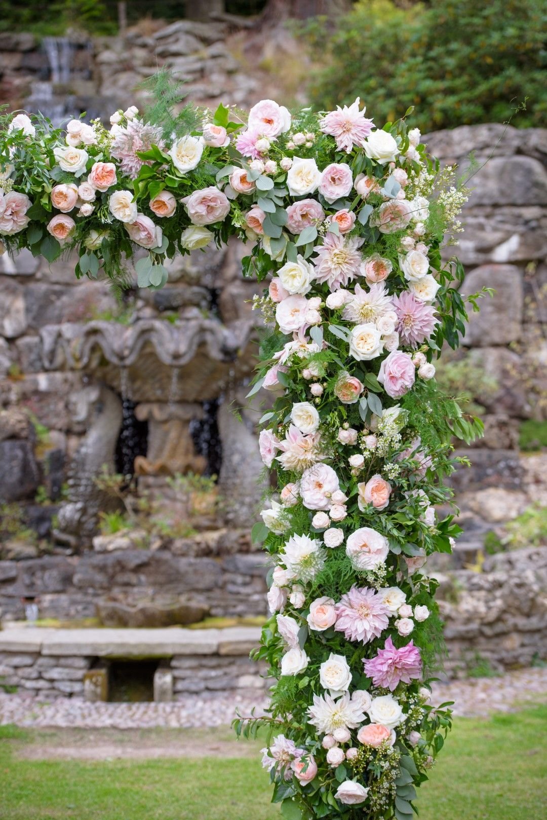 ceremony flower arch in blush pink with garden roses |miriam faith
