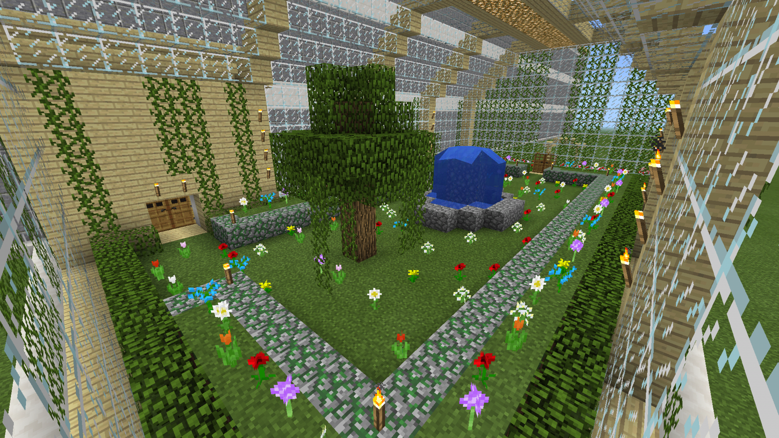 minecraft green house flower garden water fall fountain landscape