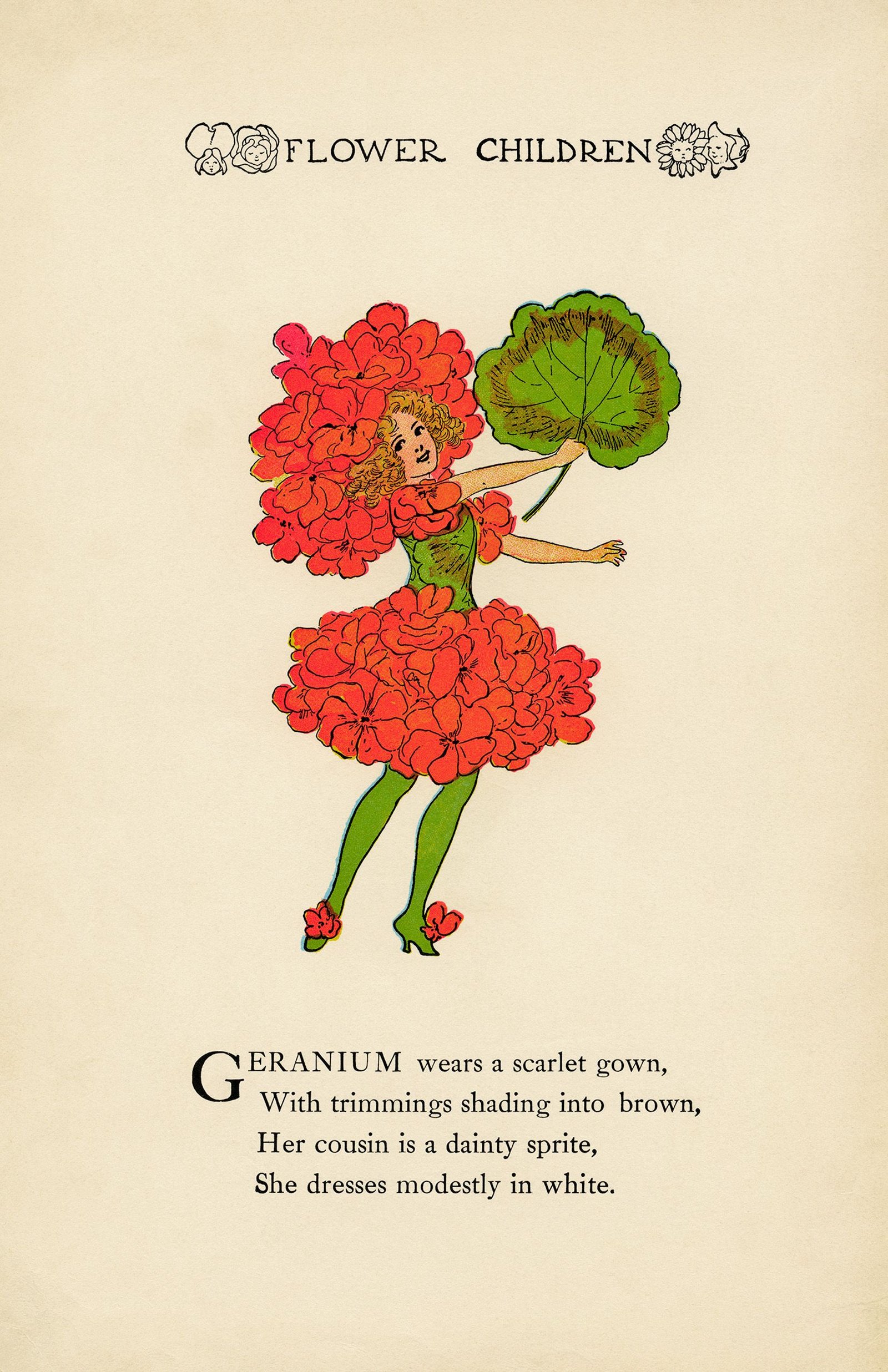 geranium flower child, elizabeth gordon, old book page, vintage