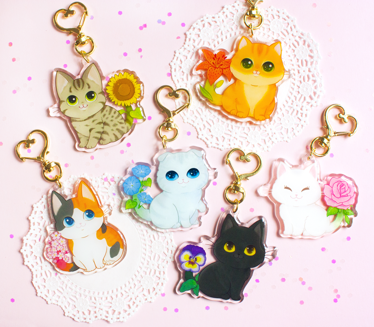 flower garden kitty keychains