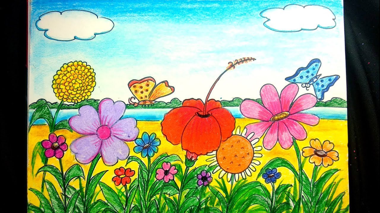 how to draw a scenery of flower garden step by step
