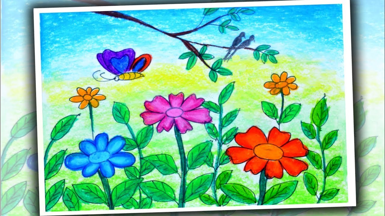 how to draw flower garden scenery for kids | spring season drawing easy