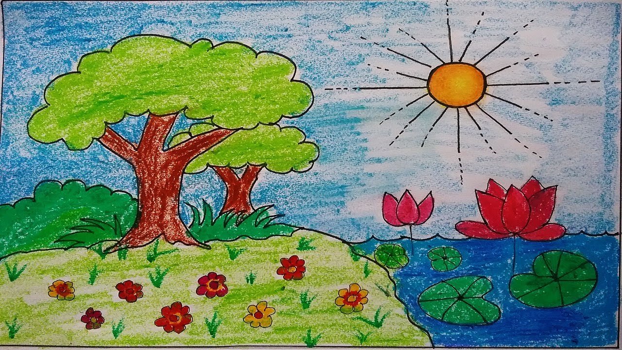 how to draw awesome garden scenery for kids, kids scenery drawing easy,  easy drawing