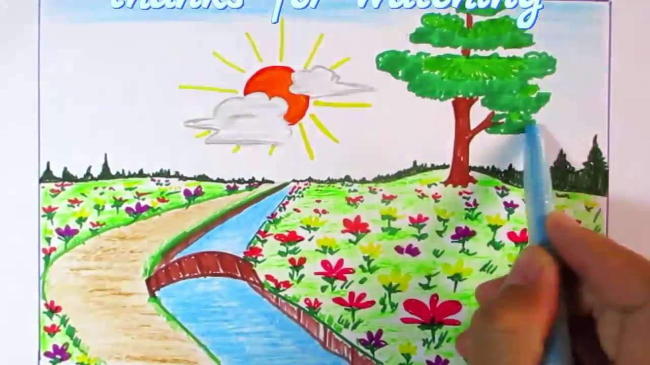 learn to scene of flower garden easy step | scenery drawing channel#95