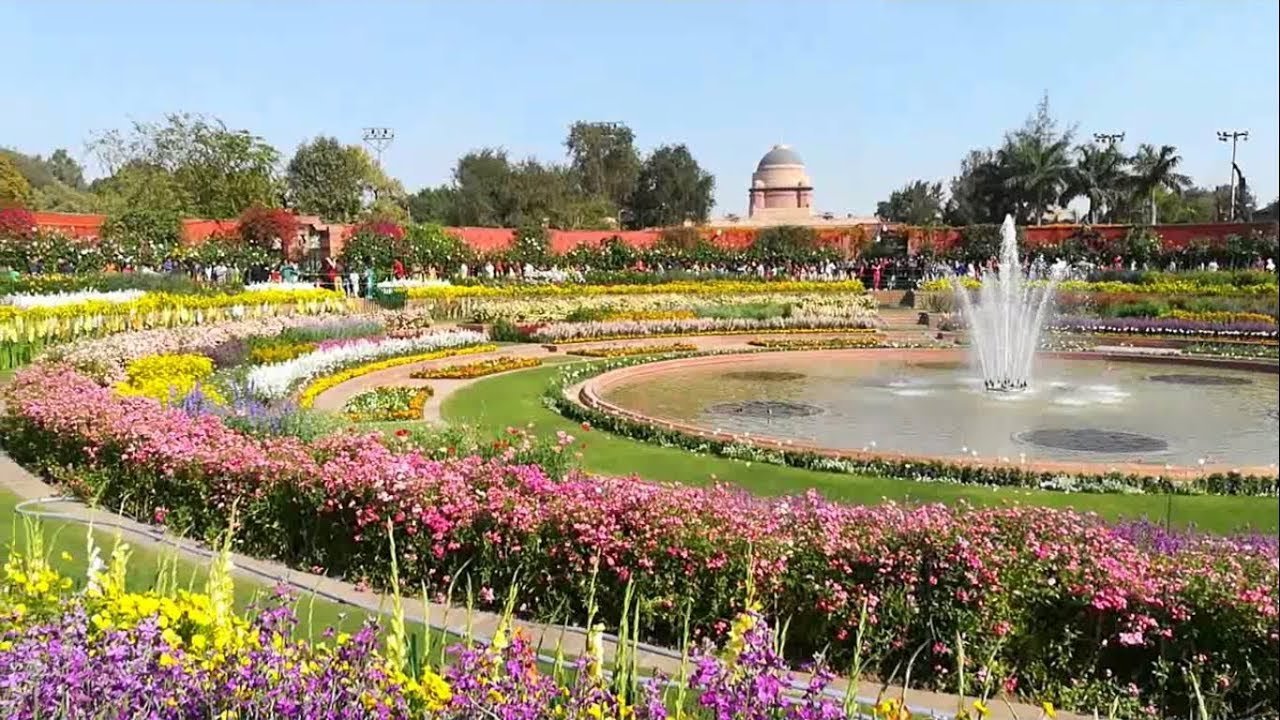 beautiful flowers and fountains of mughal garden at presidential palace  2018/ new delhi/ india