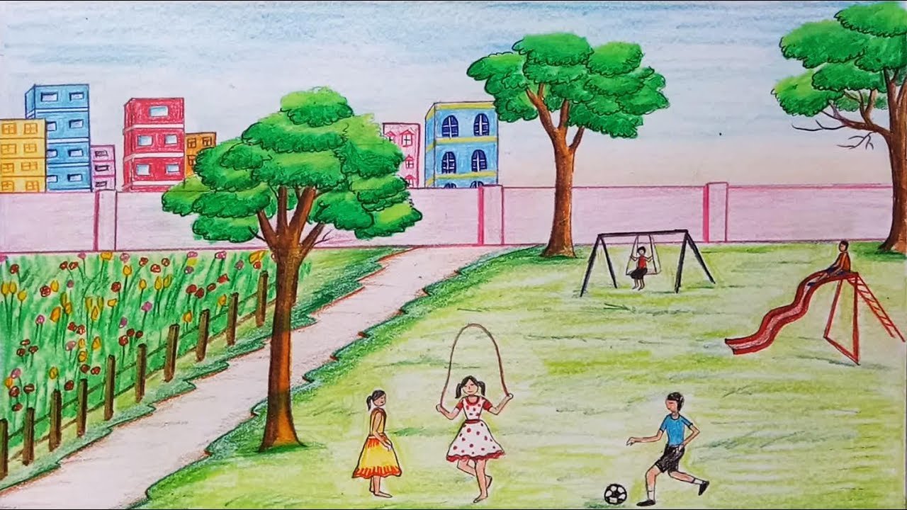 how to draw scenery of children's play step by step