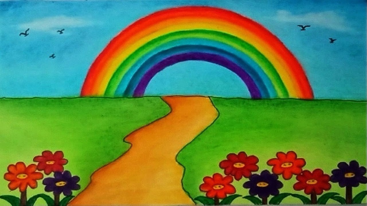 how to draw garden scenery with rainbow || beautiful garden drawing