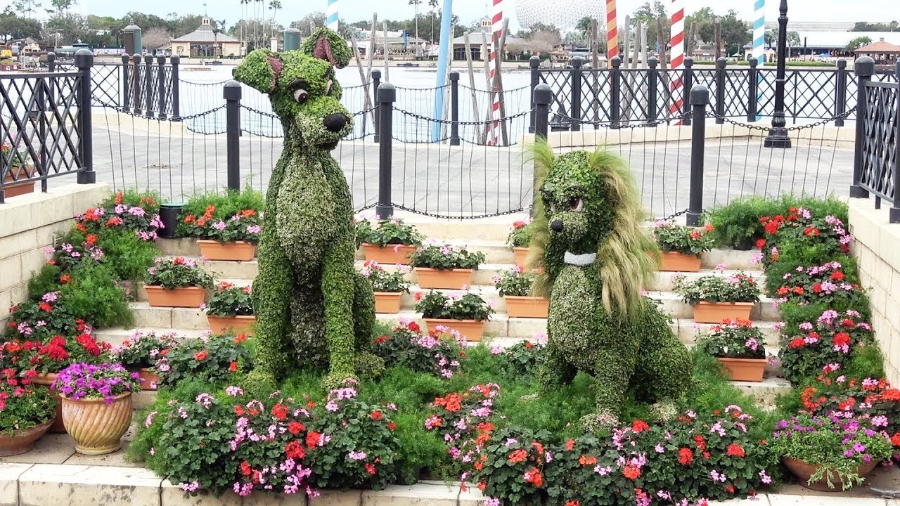 lady & tramp classic topiary new location for 2019 epcot flower & garden  festival, italy pavilion