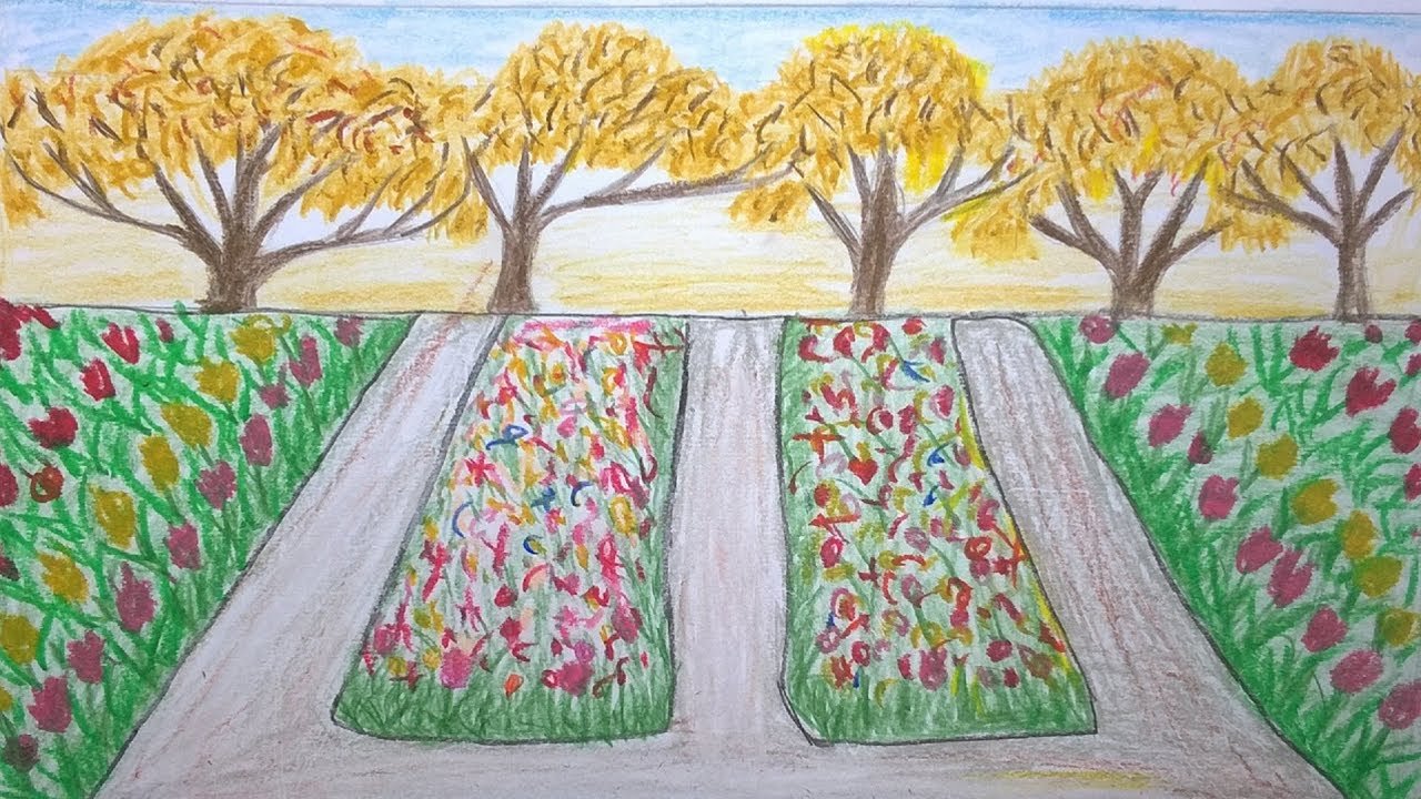 how to draw scenery of flower garden step by step