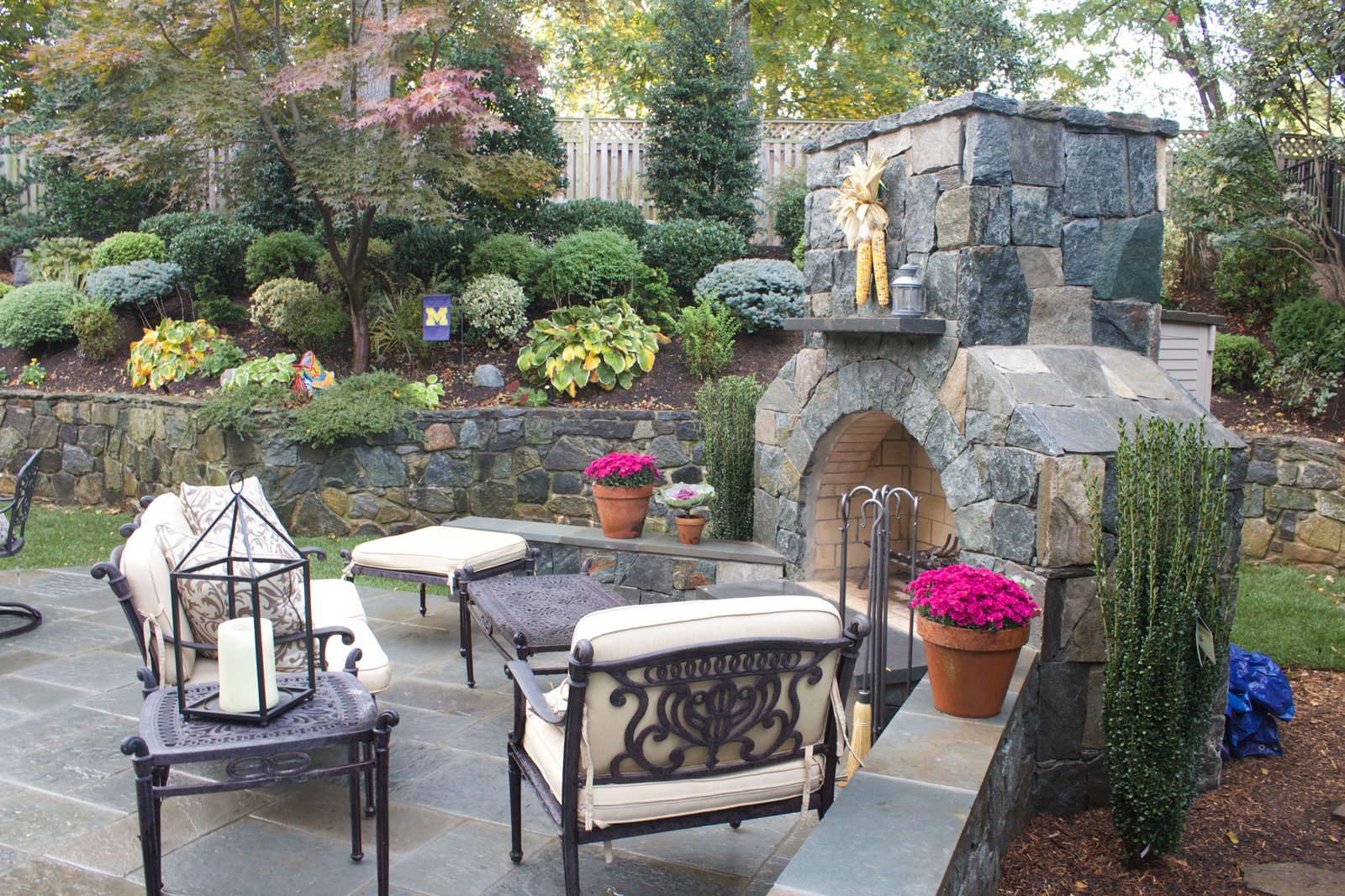 outdoor patio design in mclean, virginia | hot tub, patio & fireplace