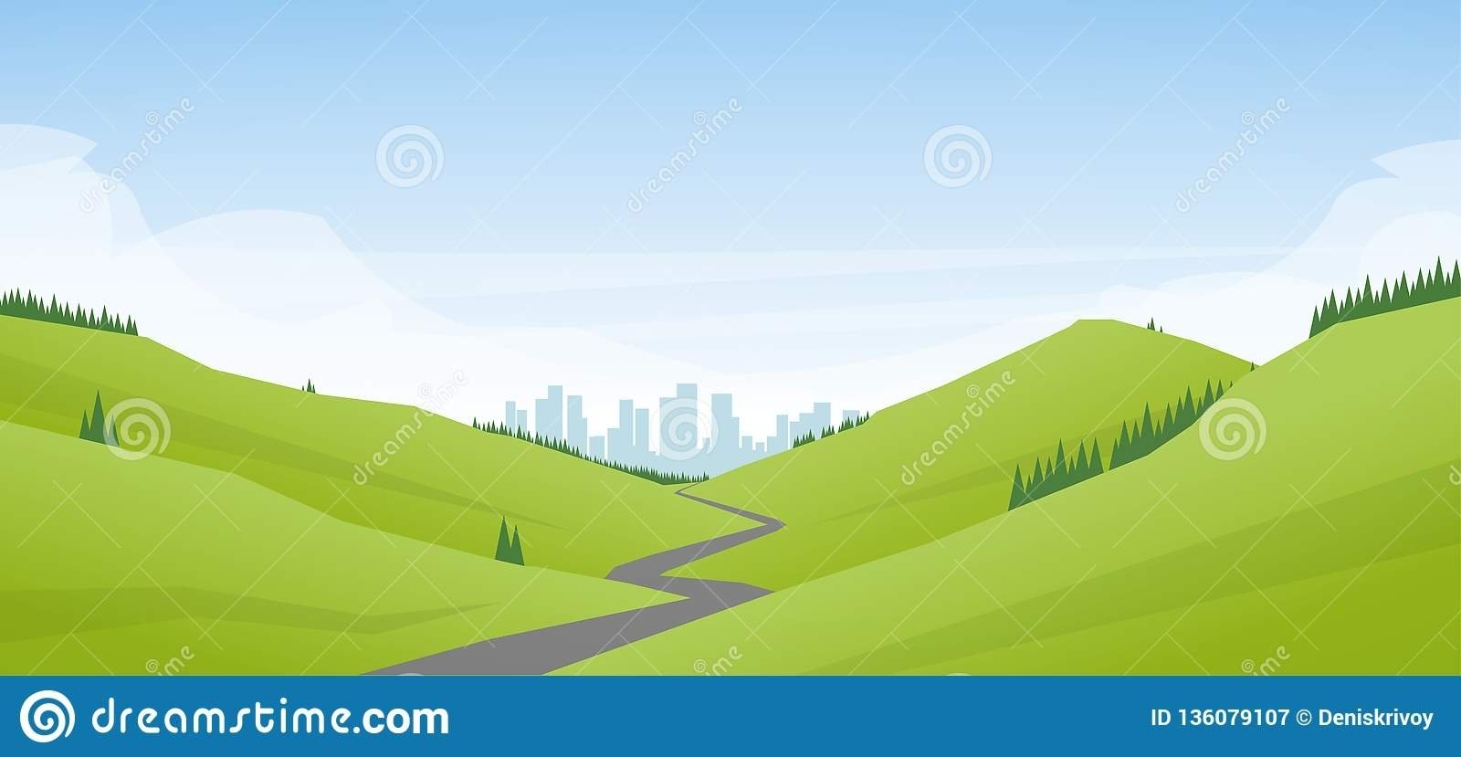 Vector Illustration: Flat Cartoon Landscape With Road intended for Landscape Yard Oakey Flat Road